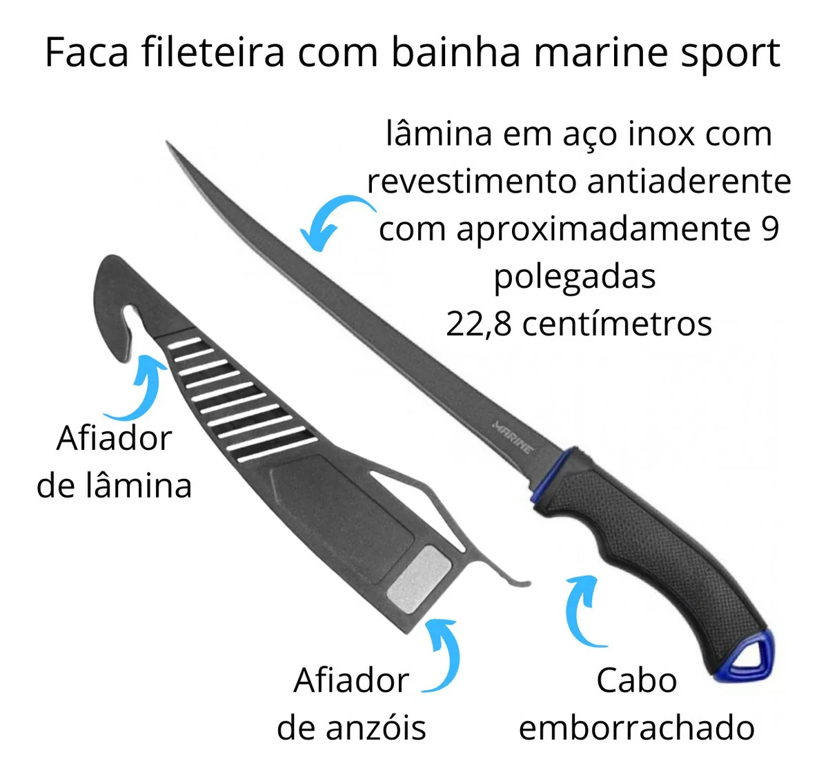 Faca Fileteira Marine Sports MFK9T 35cm Aço Inox Teflon Bainha