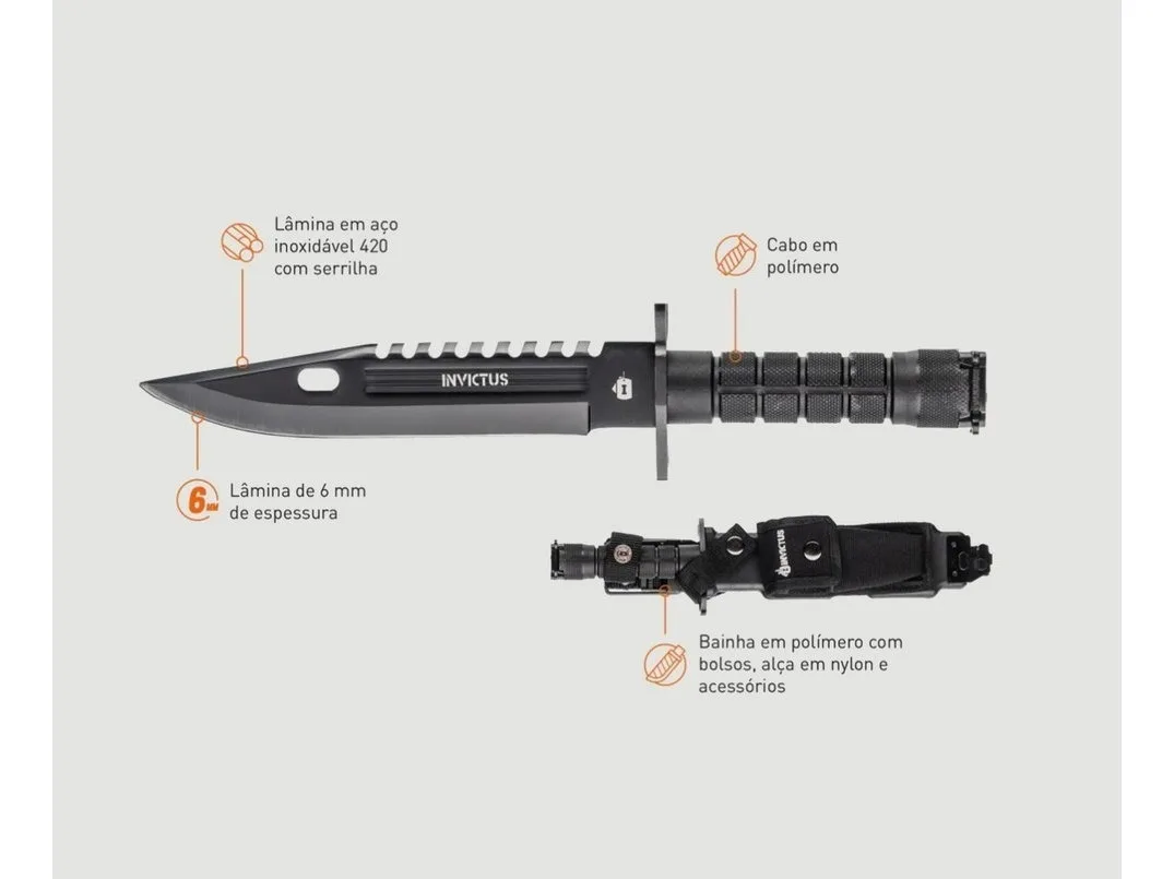 Faca Invictus Explorer Black + Bainha Tatica - Invictus Cor All Black